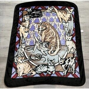 Vintage Novatex Baby Blanket 50 X 60 Cat Kitten Fleece Yarn  Purple Red Black